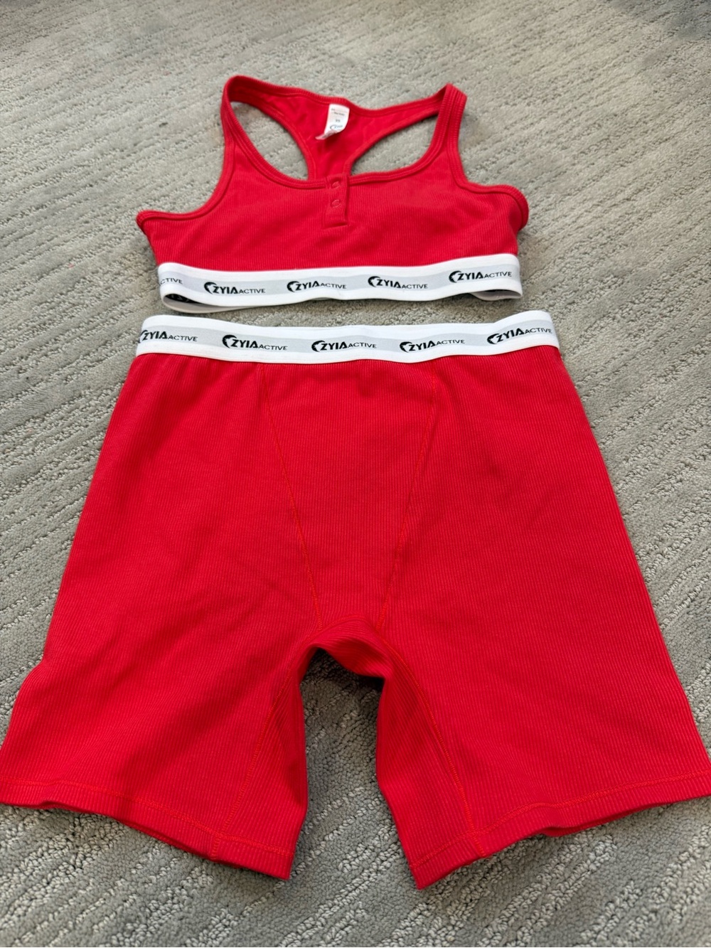 Zyia Active red ribbed biker shorts and‎ matching sports bra XS
